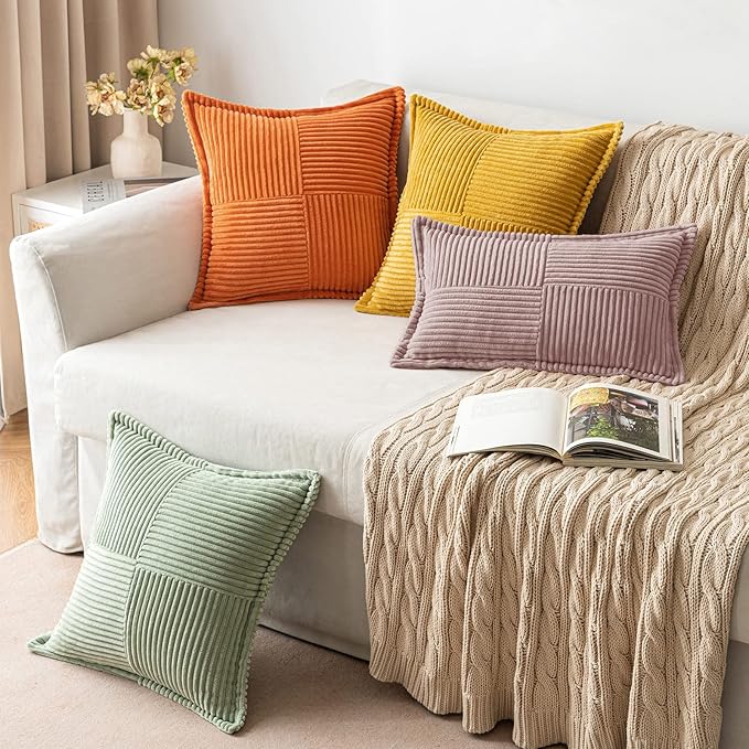 MIULEE Blush Pink Corduroy Decorative Euro Sham Pillow Covers 24x24 Inch with Splicing Set of 2 Soft Boho Pillow Covers Broadside Textured Pillowcases for Couch Bed Livingroom