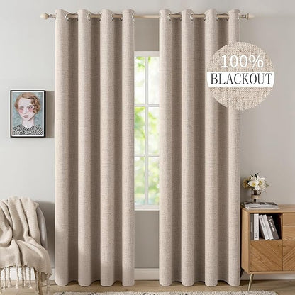 MIULEE 100% Blackout Linen Textured Curtains for Bedroom Solid Thermal Insulated Natural Beige Grommet Room Darkening Curtains & Drapes Luxury Decor for Living Room Nursery 52 x 98 Inch (2 Panels)