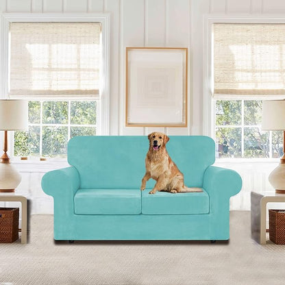 WEERRW Velvet Couch Covers for 2 Cushion Couch Sofa - High Stretch Luxury Velvet Plush 3 Pieces Sofa Slipcovers with Elastic Bottom, Furniture Protector for Pets, Machine Washable, Aqua, Medium