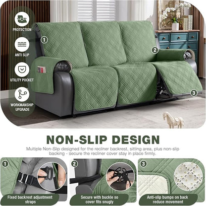 TAOCOCO 100% Waterproof Recliner Sofa Cover, Non Slip Split Couch Covers for Reclining Couches with Elastic Strap, Washable Reclining Sofa Cover Furniture Protector for Kids Pets(3 Seater, Bean Green)