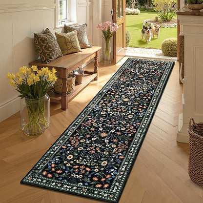 Yamaziot Washable Runner Rug 2x8 – Boho Non Slip Floral Hallway Runner Rug with Rubber Backing, Low Pile Distressed Carpet for Kitchen, Laundry, Bedroom, Entrance, Colorful Black