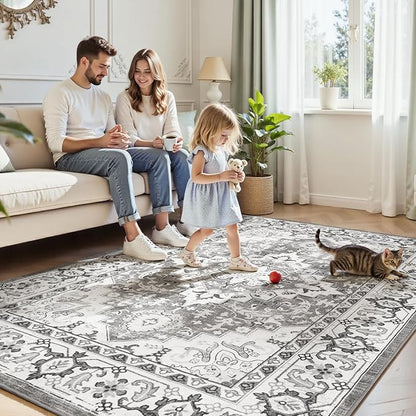 Lofus 8x10 Area Rugs for Living Room, Washable Area Rug, Rugs for Bedroom, Kitchen, Vintage Boho Carpet, Soft Non-Slip, Low Pile Large Area Rug for Office Dining Room, Floral Grey