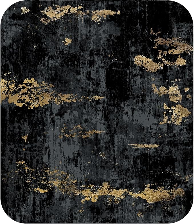 Washable Area Rugs 6ft Non-Slip Modern Abstract Soft for Living Room Entryway Bedroom Nursery, Print Pattern, Dark Black Gold