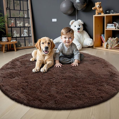 OLANLY Coffee Round Rugs for Bedroom - Machine Washable, 5 ft Circle Area Rugs for Living Room, Soft and Fluffy Shaggy Carpet for Teen Girls and Boys, Nursery Rooms, Dorms, Home Decor Aesthetic