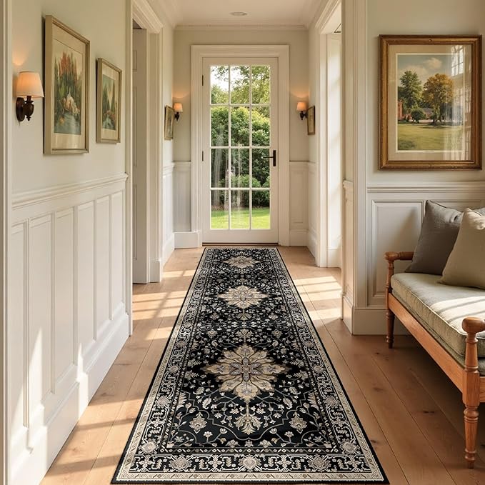 Area Rugs 3'x9' Runner Rug Non Slip Washable for Kitchen Hallway Bedroom Beside Laundry Room Bathroom Rug, Floor Carpet, Black Brown Neutral Dark Tan
