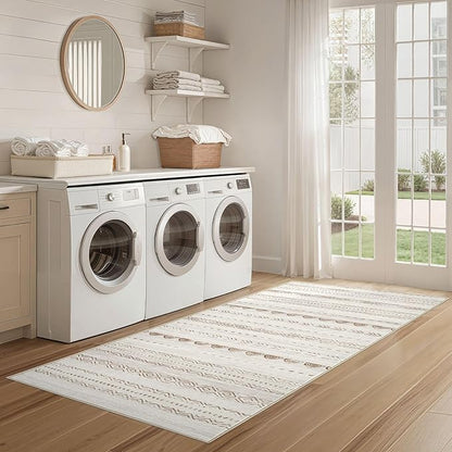 Nakagishi Runner Rug Kitchen Washable Rugs: 2x6 Non-Slip Boho Soft Modern Stain Resistant Indoor Floor Neutral Farmhouse Throw Carpet for Hallway Bathroom Laundry Room Entryway Bedroom- Beige