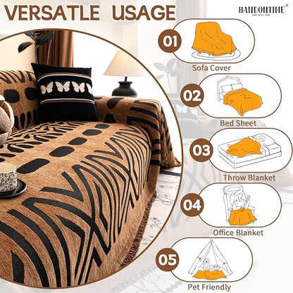 HANDONTIME Boho Couch Cover Geometric Striped Pet Covers for Couches and Sofas Copper Brown and Black Dog Cover for Couch Pet Friendly Chenille Sectional Sofa Covers for Pets Washable, 71" X 150"