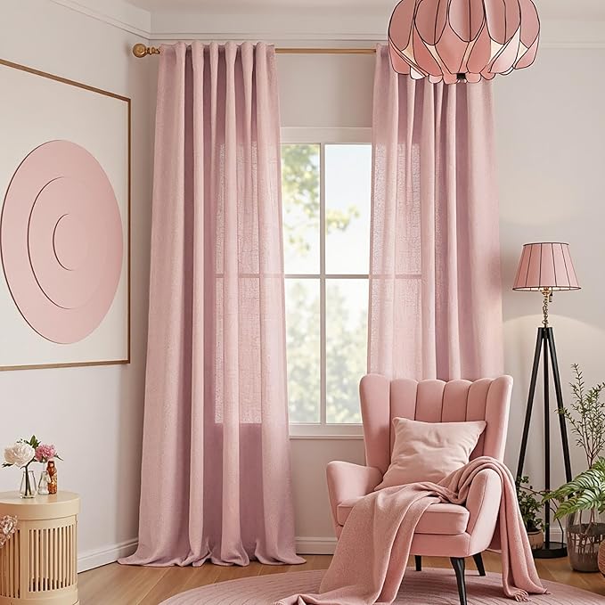 MYSKY HOME Extra Long Country Curtains for Sliding Glass Door Windows, Back Tab Semi Sheer Living Room Curtain Panels Ceiling to Floor Length Drapes Linen Texture Soft, 50 x 108 in, Pink, Set of 2