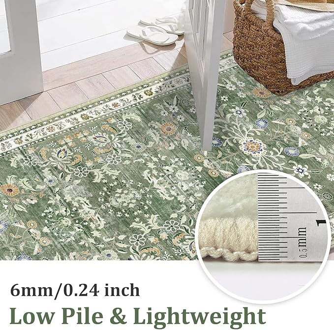 Yamaziot Washable Runner Rug 2x10 – Floral Non Slip Boho Hallway Runner Rug with Rubber Backing, Low Pile Faux Wool Distressed Carpet for Kitchen, Laundry, Bedroom, Entrance, Green