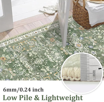 Yamaziot Washable Runner Rug 2x4 – Non Slip Boho Floral Hallway Runner Rug with Rubber Backing, Low Pile Faux Wool Distressed Carpet for Kitchen, Laundry, Bedroom, Entrance, Green