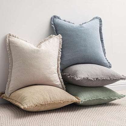 MIULEE Decorative Throw Pillow Covers Neutral Linen Fringe Throw Pillows Set of 2 Light Blue Boho Farmhouse Cushion Covers with Tassels for Couch Sofa Bed Living Room Spring Home Decor 20x20 Inch