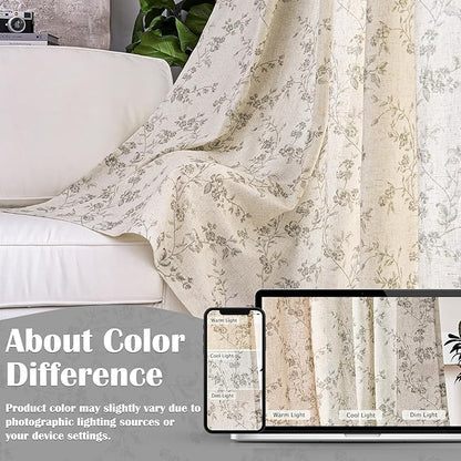 Lazzzy Grey Floral Linen Curtains 84 Inch Farmhouse Back Tab Drapes for Living Room Bedroom Light Filtering Vintage Grandmillennial Rod Pocket Curtains, 2 Panels, W38 x L84, Grey on Beige