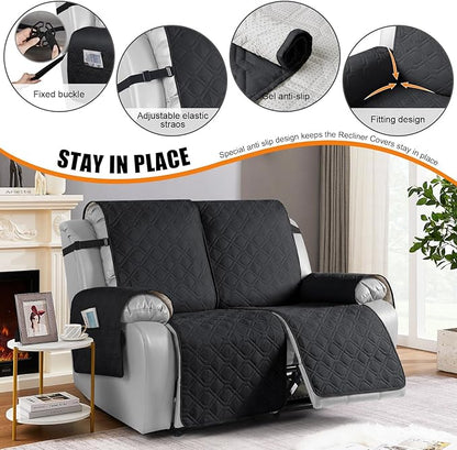VANSOFY Waterproof Recliner Couch Covers, Sofa Covers 1-Piece Washable Reclining Sofa Cover Non-Slip Furniture Protector with Elastic Straps Pocket for Dogs, Pets(Black,2 Seater)