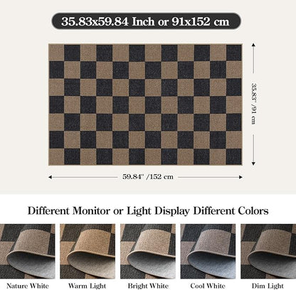 Lahome Colette Checkered Easy Jute 3x5 Rug, Washable Rugs for Living Room Entryway Farmhouse Non Slip Black Outdoor Carpet, Checkerboard Indoor Door Mat for Entry Patio Deck