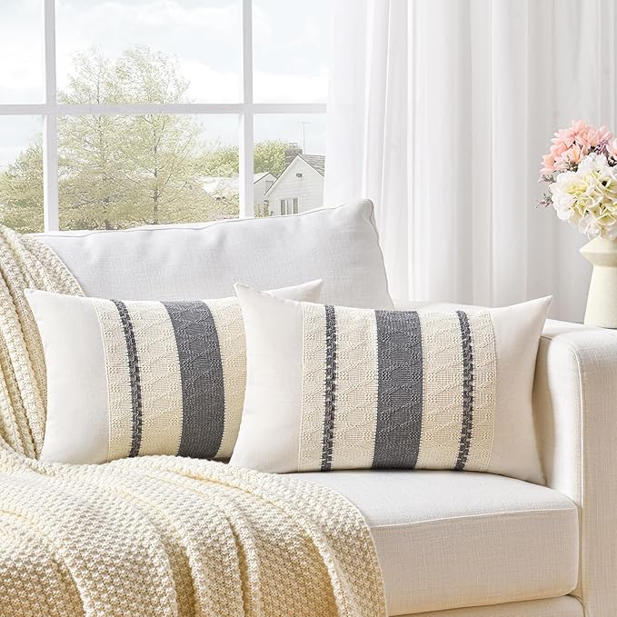 Fancy Homi Set of 1 Neutral Grey Farmhouse Long Lumbar Decorative Throw Pillow Covers 16x24 Inch for Couch Bed Chair, Vintage Country Rustic Retro Room Decor, Soft Thick Cotton Rectangle Cushion Case