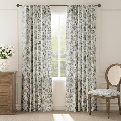 jinchan Linen Floral Curtains for Living Room with Printed Flower 84 Inches Long Light Filtering French Country Back Tab Rod Pocket Black Window Curtain Set Farmhouse Drapes 2 Panels Black