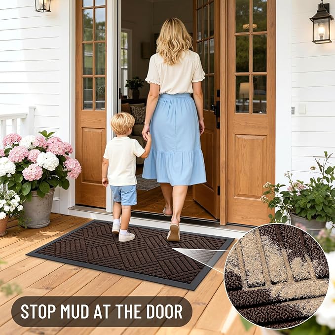 OLANLY Front Door Mat Outside Entrance 35x23, Absorbent, Heavy Duty Sturdy Natural Rubber Doormat Indoor Outdoor, Stain and Fade Resistant, Non-Slip Low Profile Floor Mat for Entryway, Brown Diamond
