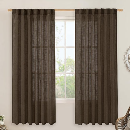 LAMIT Dark Brown 72 inch Linen Curtains for Living Room 2 Panels, Linen Textured Light Filtering Semi Sheer Back Tab and Rod Pocket Farmhouse Curtain Panels for Bedroom/Farmhouse, 52 x 72 Inch