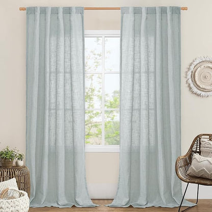 LAMIT Greyish Blue Linen Boho Curtains 84 inch Length 2 Panels, Light Filtering Semi Sheer Panels Back Tab and Rod Pocket Neutral Drapes for Bedroom/Living Room, 34 x 84 Inch