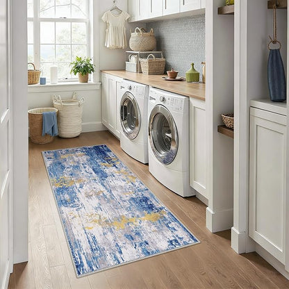 Washable Area Rugs 3x6 Non-Slip Modern Abstract Soft for Living Room Entryway Bedroom Nursery, Print Pattern, Grey Blue Gold/Golden