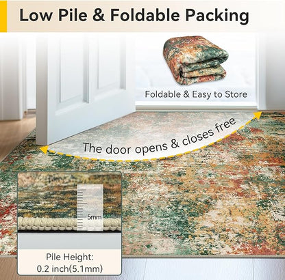 Washable Area Rugs 2'x3' Non-Slip Modern Abstract Soft for Living Room Entryway Bedroom Nursery, Print Pattern, Green Orange Rust Red Cream Colorful