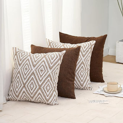 HPUK Decorative Throw Pillow Covers Set of 4 Geometric Design Linen Cushion Cover for Couch Sofa Living Room, 18"x18" inches, Chocolate