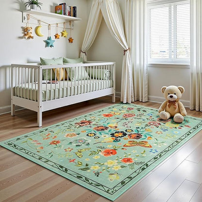 Rugflix 5x7 Washable Area Rug for Living Room, Soft Non Slip Low Pile Carpet, Floral Vintage Stain Resistant Rugs for Bedroom, Dining Room, Home Office, Green