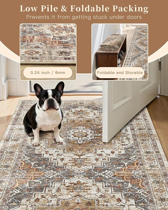 Madane Hallway Runner Rug 2x12, Extra Long Washable Runner Rugs with Rubber Backing, Non Slip Carpet Runner, Vintage Rug Runners for Kitchen Laundry Room Entryway (Turmeric/Grey, 2'x12')