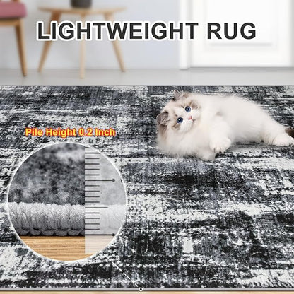 Area Rugs Living Room Rug - 4x6 Washable Modern Abstract Soft Neutral Non-Slip Carpet Large Indoor Floor Thin Carpets for Bedroom Dining Room Farmhouse Nursery Home Office Black