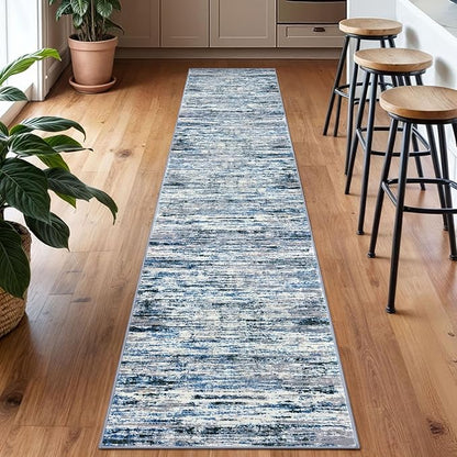 Lansny Modern Abstract Runner Rug 2x10, Grey Blue White Washable Long Kitchen Runner Non-Slip Soft Hallway Rug Runner Thin Print Faux Wool Carpet for Entryway Bedroom Laundry Room Indoor Home Decor