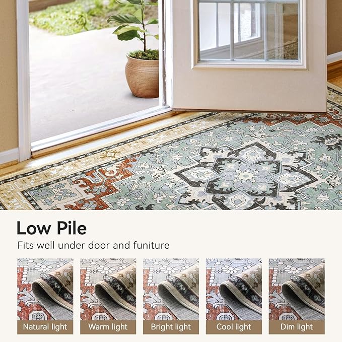Lofus 3x5 Area Rugs for Living Room, Machine Washable Area Rug, Soft Small Rugs for Bedroom, Kitchen, Office and Indoor, Vintage Boho Carpet, Non-Slip Low Pile Carpets, Beige Orange
