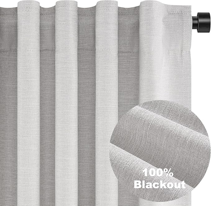 Grey Linen Blackout Curtains for Living Room 2 Panels Set 92 Inches Long Linen Texture Room Darkening Energy Saving Curtain Window Coverings Hook Belt Pleated Drapes Aesthetic Bedroom(W40"xL92")