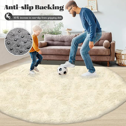 Cream White Round Rugs for Bedroom: 4ft Circle Fluffy Shag Soft Washable Rug Small Fuzzy Plush Indoor Carpet for Kids Girls Boys Nursery Dorm Classroom (Cream White, 4'x4')