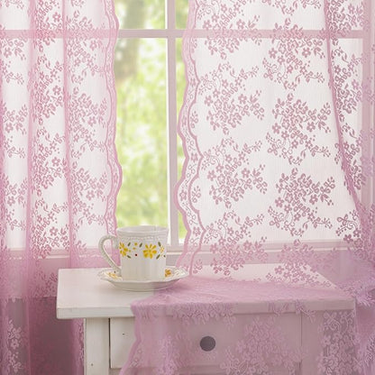 YJ YANJUN Vintage Lace Curtains 63 Inch Length-Victorian Floral Pattern Lilac Sheer Curtain Panels for Living Room Bedroom,Light Filtering, Cute Girls Drapes 2 Panels 52W x 63L Purple Blush