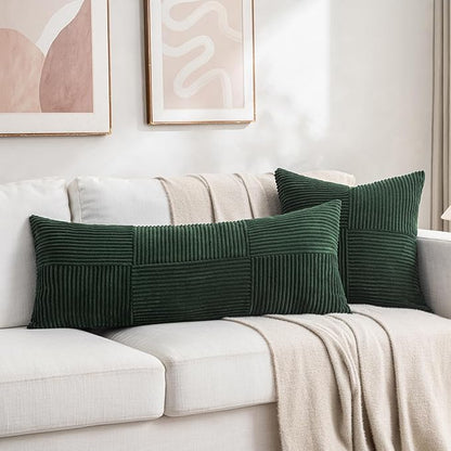 Fancy Homi Set of 2 Dark Green Boho Long Lumbar Body Decorative Throw Pillow Cover 14x36 Inch for Bed Couch Bedroom Bench, Soft Patchwork Corduroy Textured Pillow Case, Rustic Farmhouse Room Decor