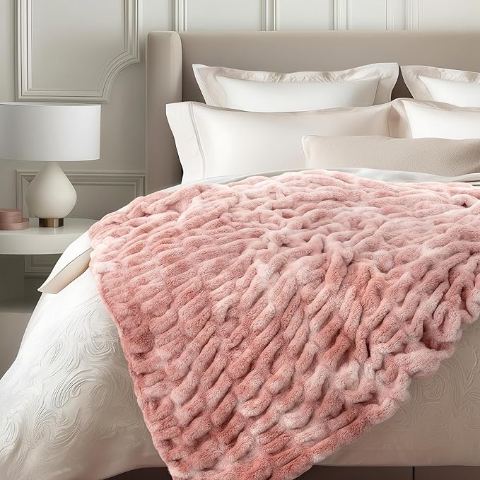 Ultra Soft Cozy Faux Fur Throw Blanket, Fuzzy Plush Thick Bubble Blanket, Oversize Luxury Fluffy Blanket for Couch, Sofa, Bedroom, and Living Room,50x60 Inches,Double Sided Tie-Dye Pink