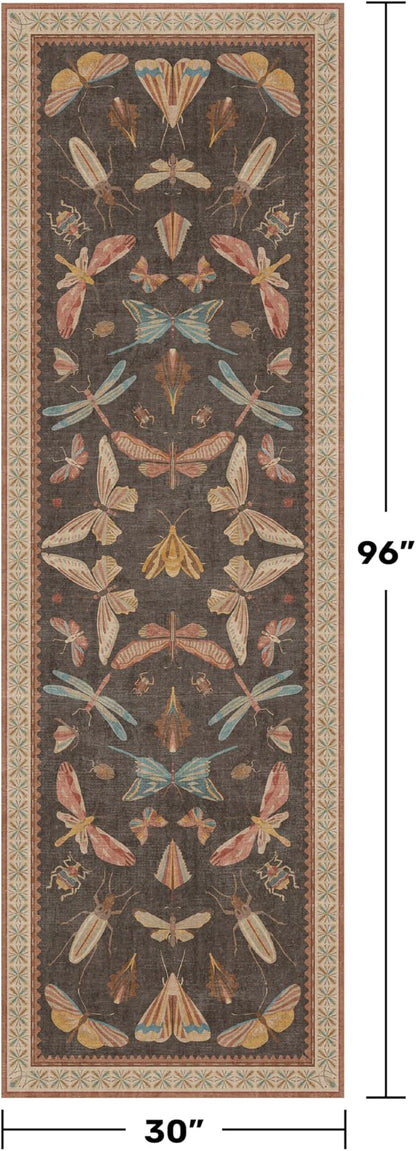 Hazo Haus 2'6"x8' 8ft Long Hallway Runner Rug, Stain Resistant Non-Slip Kitchen Floor Mats, Boho Front Door Rug Indoor Entrance, Whimsical Insect Moth Décor, Low Pile & Soft (Orange and Brown)