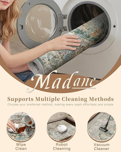 Madane Runner Rug 2'6''x8' Kitchen Runner, Hallway Runner Printed Vintage Washable Rugs Soft Non-Slip Low Pile Runners for Hallways Laundry Room Rug Distressed Rug, Green