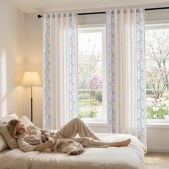 jinchan Evelyn Embroidered Linen Curtains for Living Room Farmhouse Floral Curtains for Bedroom Semi Sheer Light Filtering Window Drapes Rod Pocket Back Tab 2 Panels W50 x L96 Blue