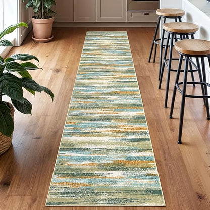 Lansny Modern Abstract Runner Rug 2x10, Green Mustard Multi Washable Long Kitchen Runner Non-Slip Soft Hallway Rug Runner Thin Print Faux Wool Carpet for Entryway Bedroom Laundry Room Indoor