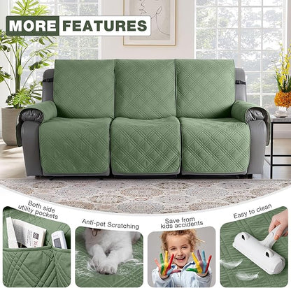 TAOCOCO 100% Waterproof Recliner Sofa Cover, Non Slip Split Couch Covers for Reclining Couches with Elastic Strap, Washable Reclining Sofa Cover Furniture Protector for Kids Pets(3 Seater, Bean Green)