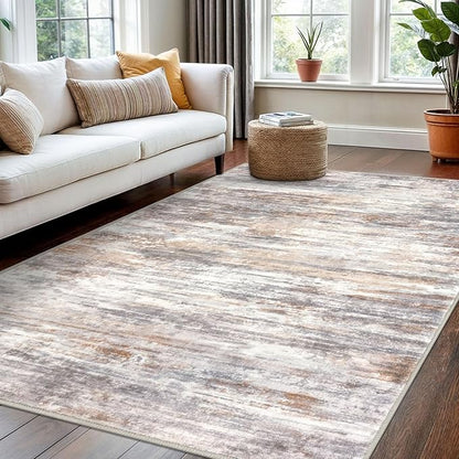 KOZYFLY Modern Abstract 4x6 Rug Washable Large Rugs for Entryway Non-Slip Soft Living Room Rug, Print Multi Grey/Orange Throw Rugs Indoor Mat for High-Traffic Door Entrance
