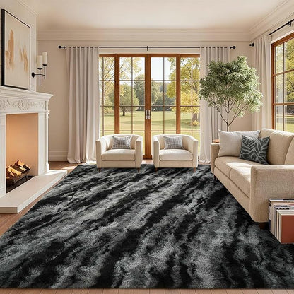 9x12 Ft Extra Large Shag Rugs for Living Room, Ultra Soft Fluffy Furry Area Rugs for Bedroom Indoor Floor, Aesthetic Carpet for Kids Home Decor (Black)