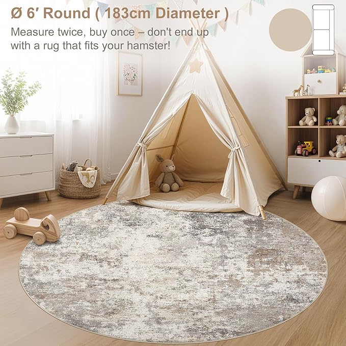 UERMEI 6ft Round Area Rug Living Room Rugs - 6x6 Washable Neutral Modern Abstract Soft Thin Rug Indoor Floor No Slip Rug Carpet for Bedroom Under Dining Table Home Office Decor - Brown Grey