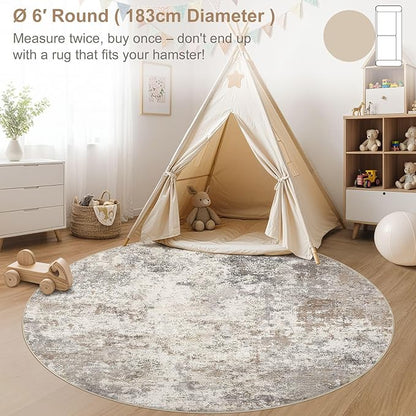 UERMEI 6ft Round Area Rug Living Room Rugs - 6x6 Washable Neutral Modern Abstract Soft Thin Rug Indoor Floor No Slip Rug Carpet for Bedroom Under Dining Table Home Office Decor - Brown Grey