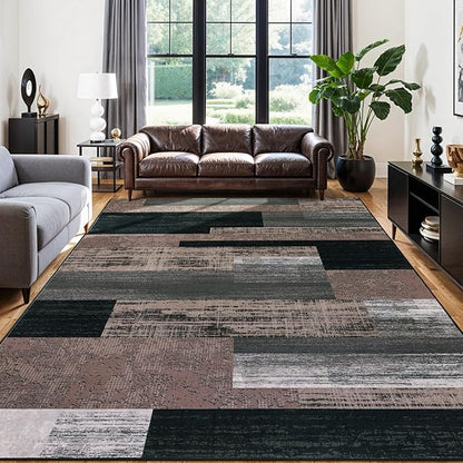 LIANLAM 10x14 Washable Area Rugs for Living Room and Bedroom, Vintage Checkered Pattern Non-Slip Carpet, Stain Resistant Low Pile Soft Rug for Dining Room,Office,Nursery,Kids Room(10x14,Chocolate)