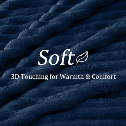 BEDELITE Blankets Queen Size for Bed, 300GSM Soft & Warm Fleece Blanket, Decorative and Giftable Striped Navy Blankets for Women, Men, 90"x90"