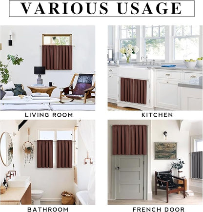 RYB HOME Blackout Cafe Curtains 30 inch Length, Short Light UV Heat Blocking Energy Saving Privacy Curtain Tiers for Basement Bathroom Kitchen Window, Width 29 by Length 30, Chocolate Brown, 2 Panels