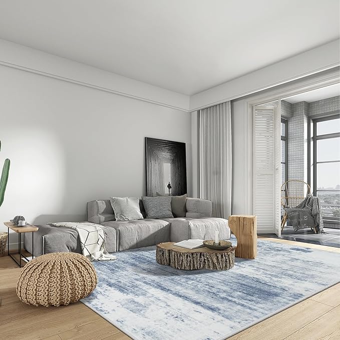 6x9 Area Rugs Washable Rug: Large Modern Abstract Living Room Rug Soft Anti-Skid Thin Carpet Indoor Floor Non-Shedding Carpets for Bedroom Dining Room Farmhouse Nursery Home Office Blue White
