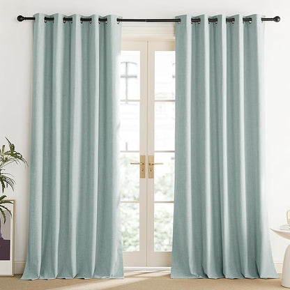 NICETOWN 100% Absolutely Blackout Linen Curtains with Thermal Insulated Liner, Seafoam Green, 62" Wide, 108" Length Energy Saving Curtains for Living Room 2 Panels Set, Vertical Blinds